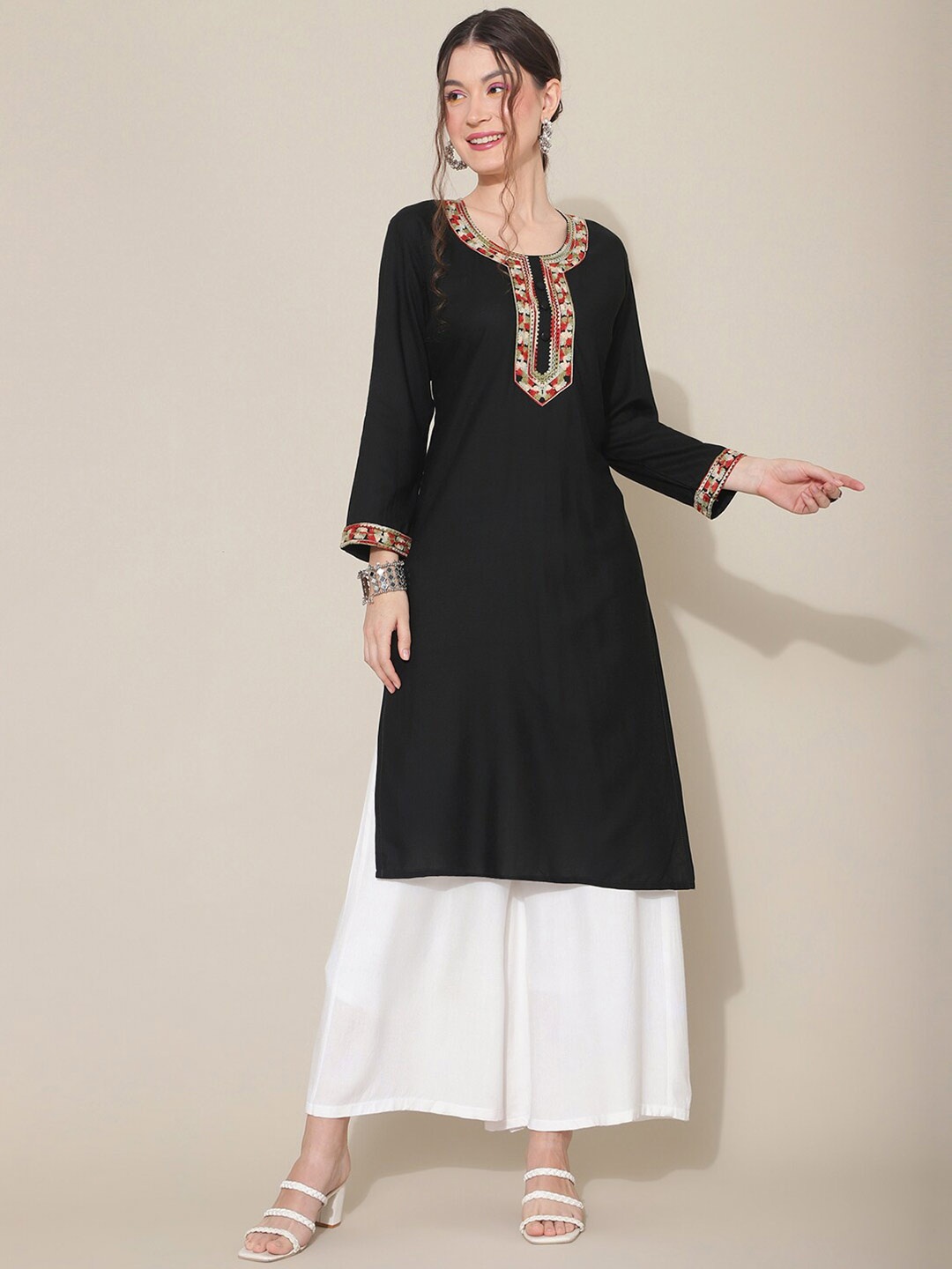 

KALINI Yoke Design Thread Work Straight Kurta, Black