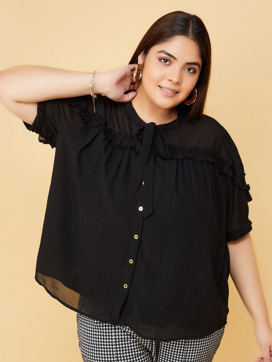 

max Plus Size Tie-Up Neck Top, Black