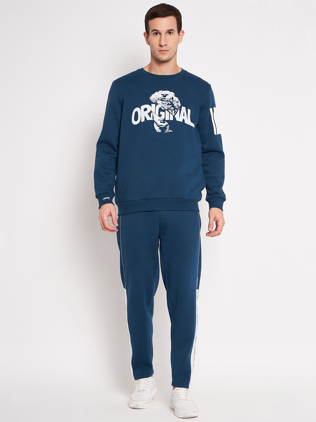 

EDRIO Typography Printed Round Neck Sweatshirt With Pants, Blue