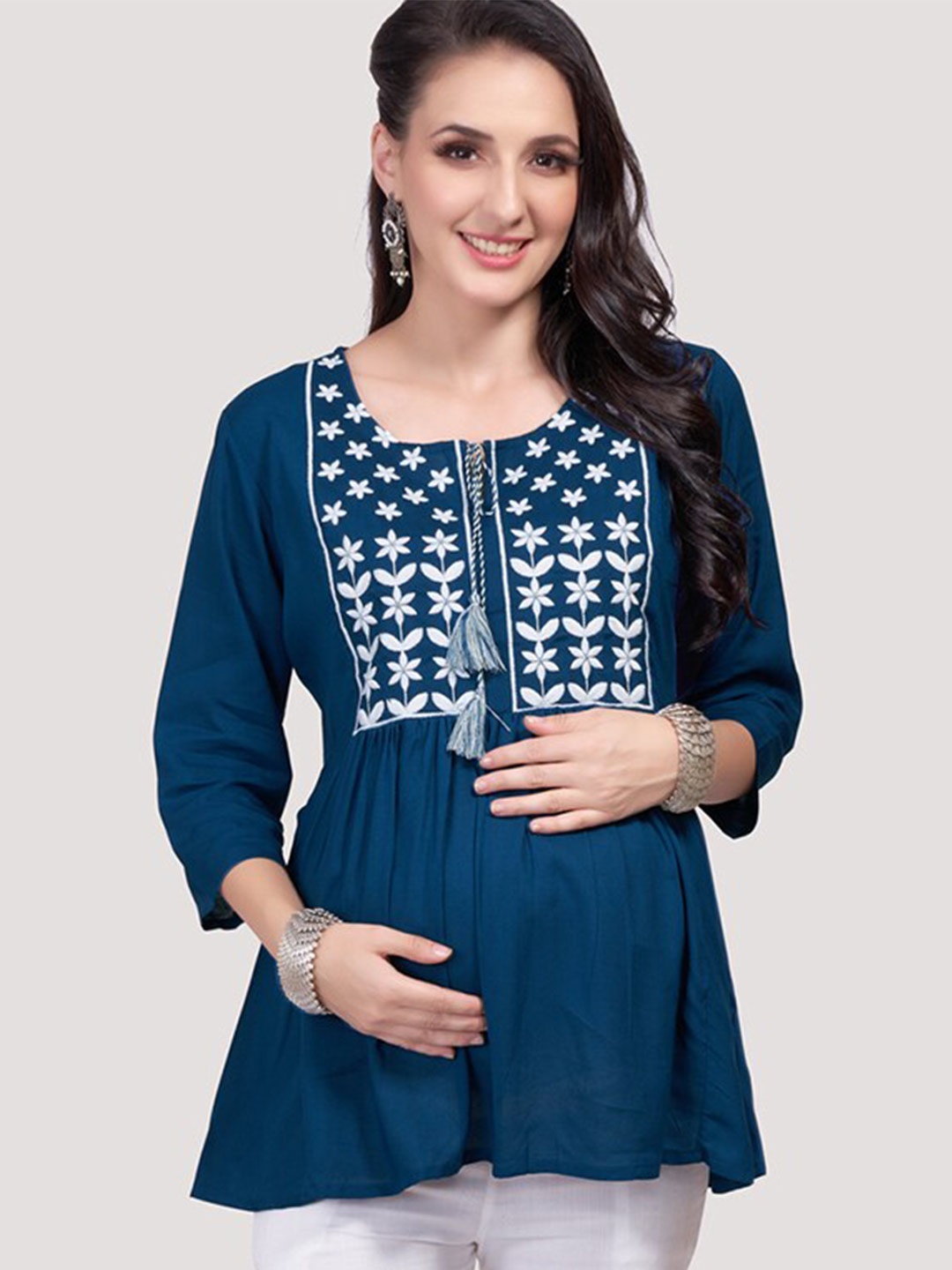 

Mom For Sure by Ketki Dalal Floral Embroidered Tie-Up Neck A-Line Maternity Kurti, Navy blue