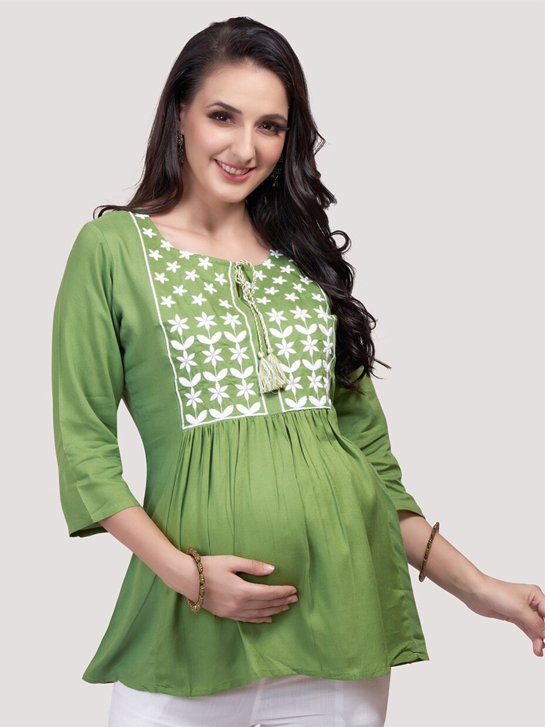 

Mom For Sure by Ketki Dalal Floral Embroidered Tie-Up Neck A-Line Maternity Kurti, Olive