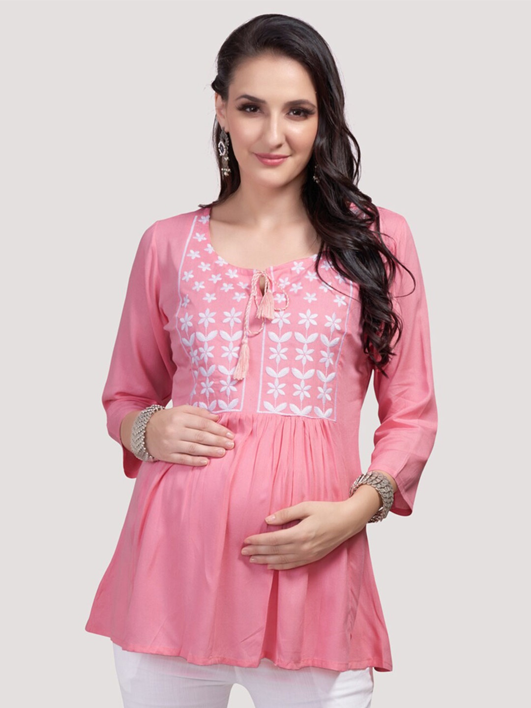 

Mom For Sure by Ketki Dalal Floral Embroidered Tie-Up Neck A-Line Maternity Kurti, Pink