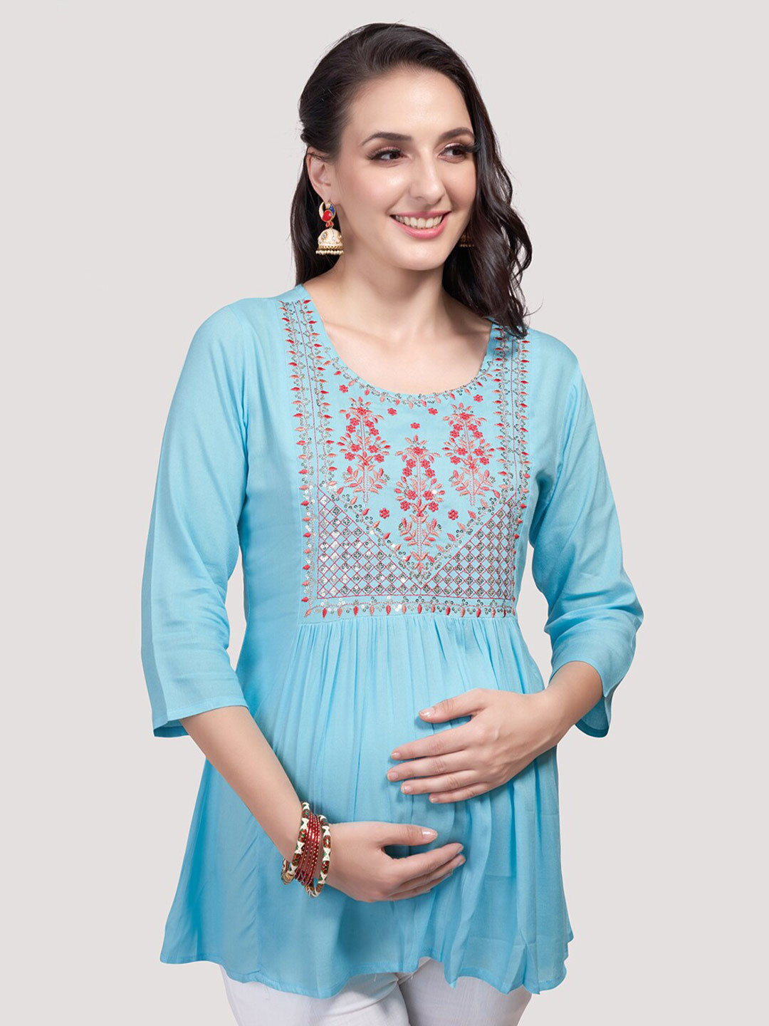 

Mom For Sure by Ketki Dalal Floral Embroidered Thread Work A-Line Maternity Kurti, Blue