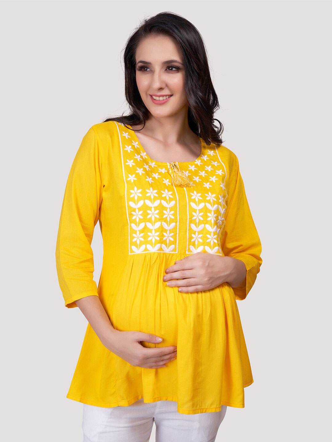 

Mom For Sure by Ketki Dalal Floral Embroidered Tie-Up Neck A-Line Maternity Kurti, Yellow