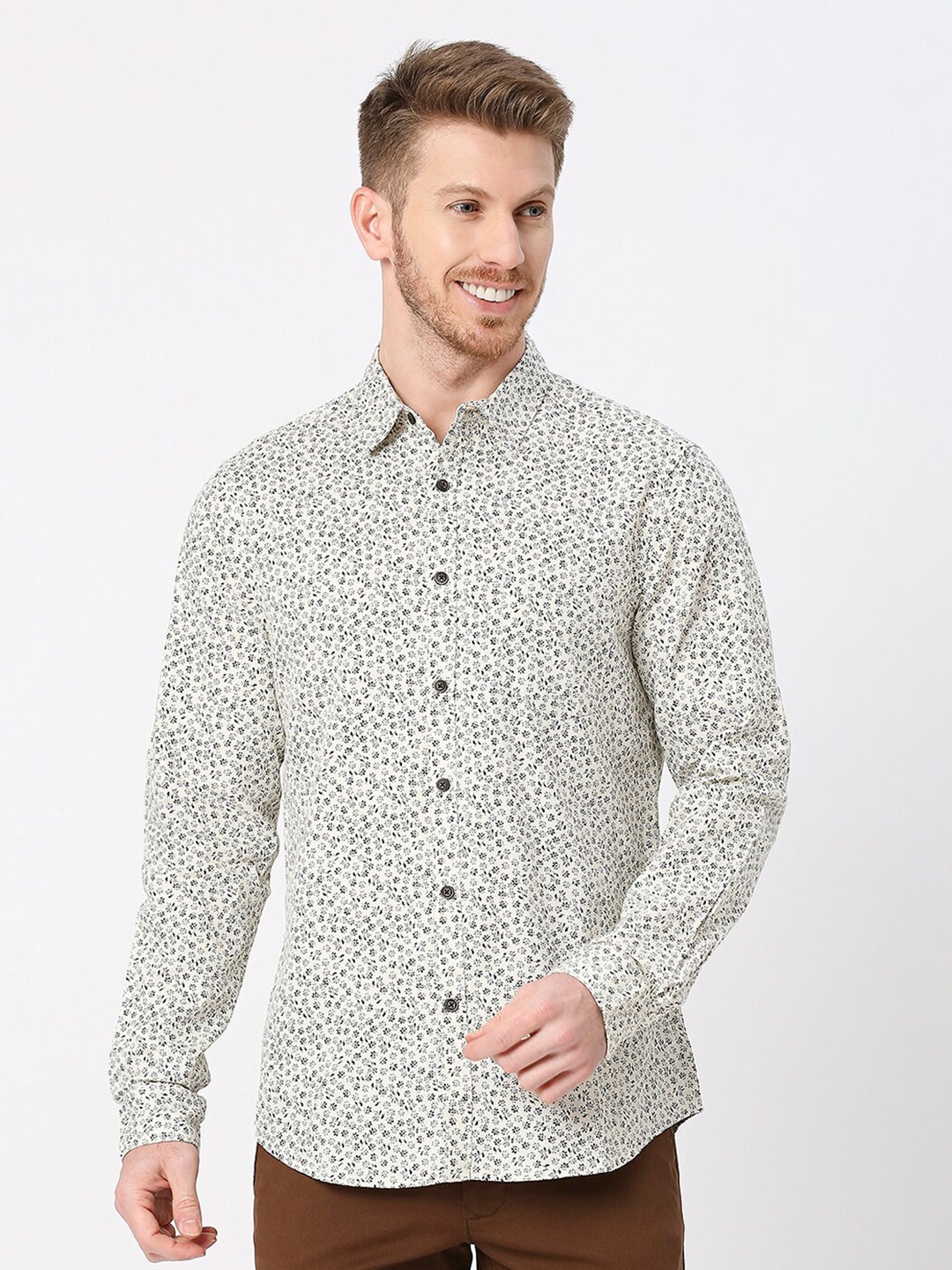 

VALEN CLUB Slim Fit Floral Printed Cotton Casual Shirt, Cream