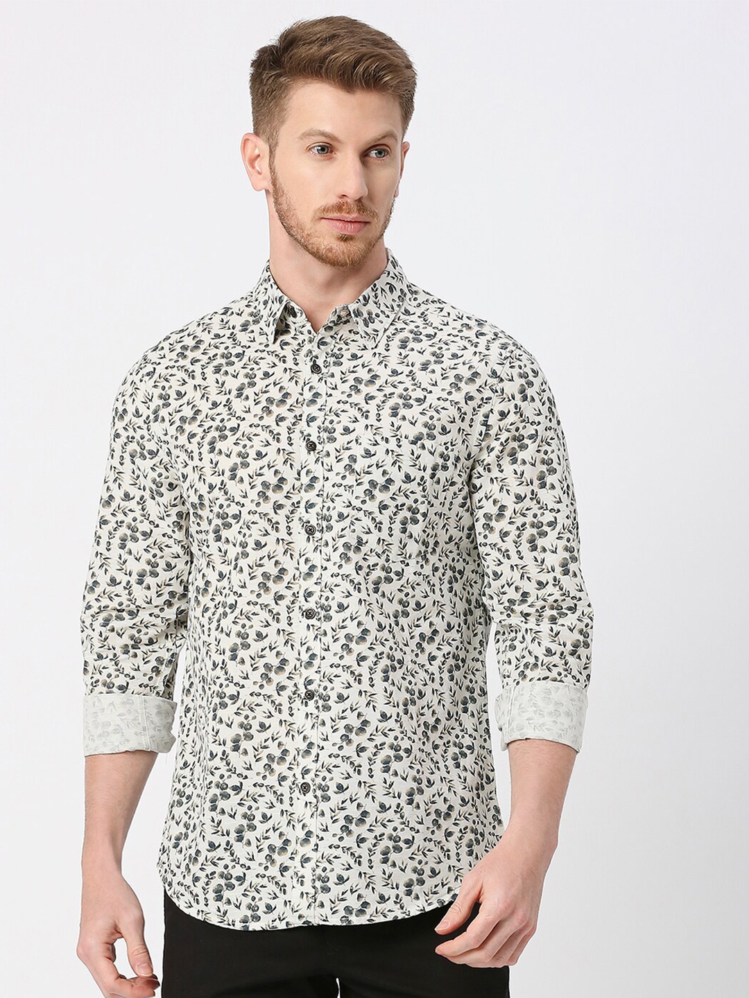 

VALEN CLUB Slim Fit Floral Printed Cotton Casual Shirt, Cream