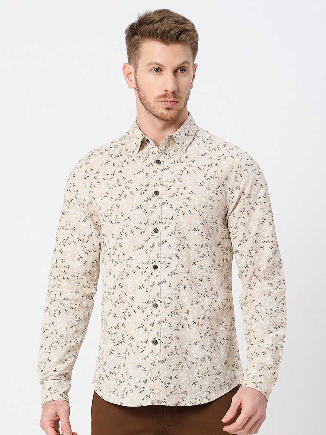 

VALEN CLUB Slim Fit Floral Printed Cotton Casual Shirt, Cream