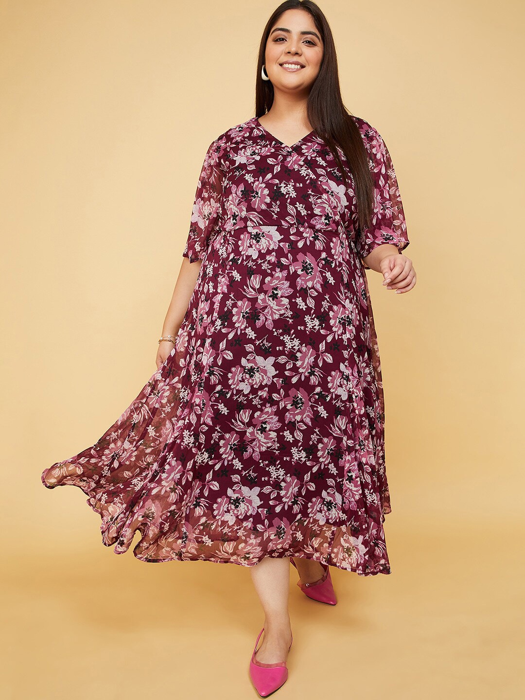 

max Plus Size Floral Printed V-Neck A-Line Midi Dress, Purple
