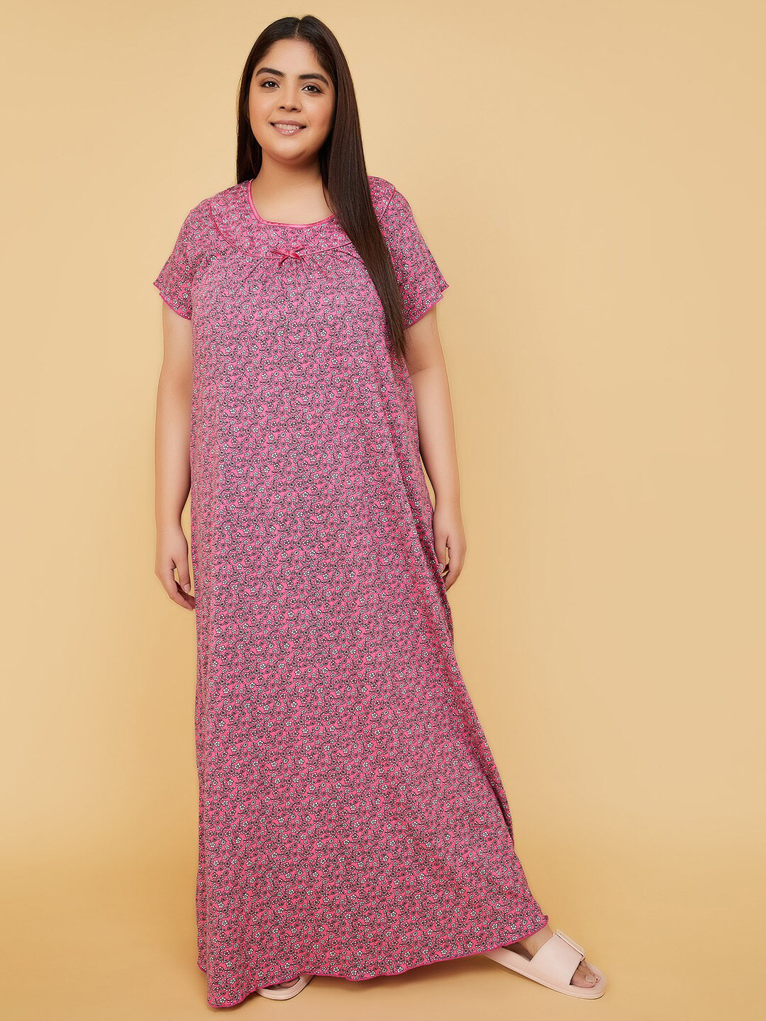 

max Plus Size Floral Printed Round Neck Pure Cotton Maxi Nightdress, Fuchsia