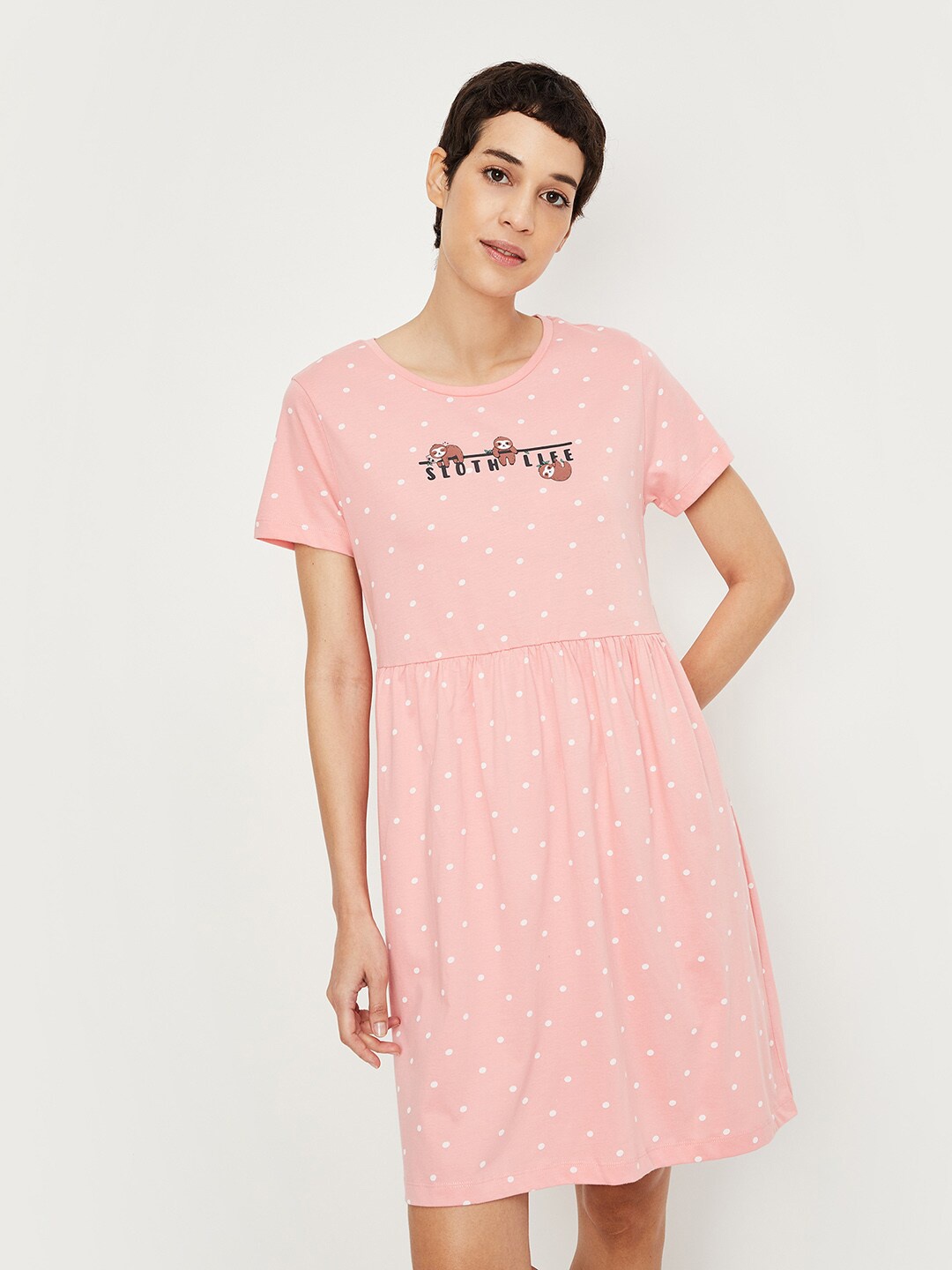 

max Polka Dots Printed Pure Cotton Nightdress, Pink