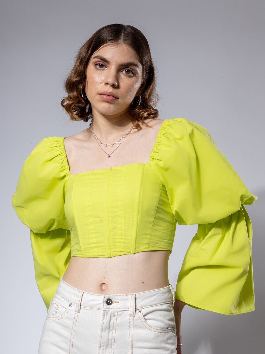 

H&M Balloon Sleeve Corset Tops, Green