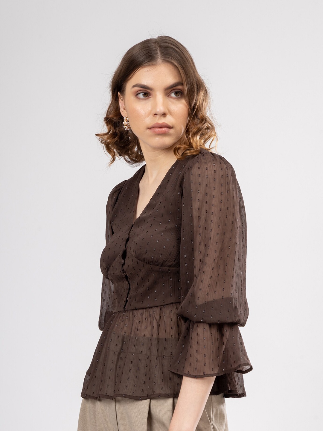 

H&M High Waist Band Peplum Top, Brown