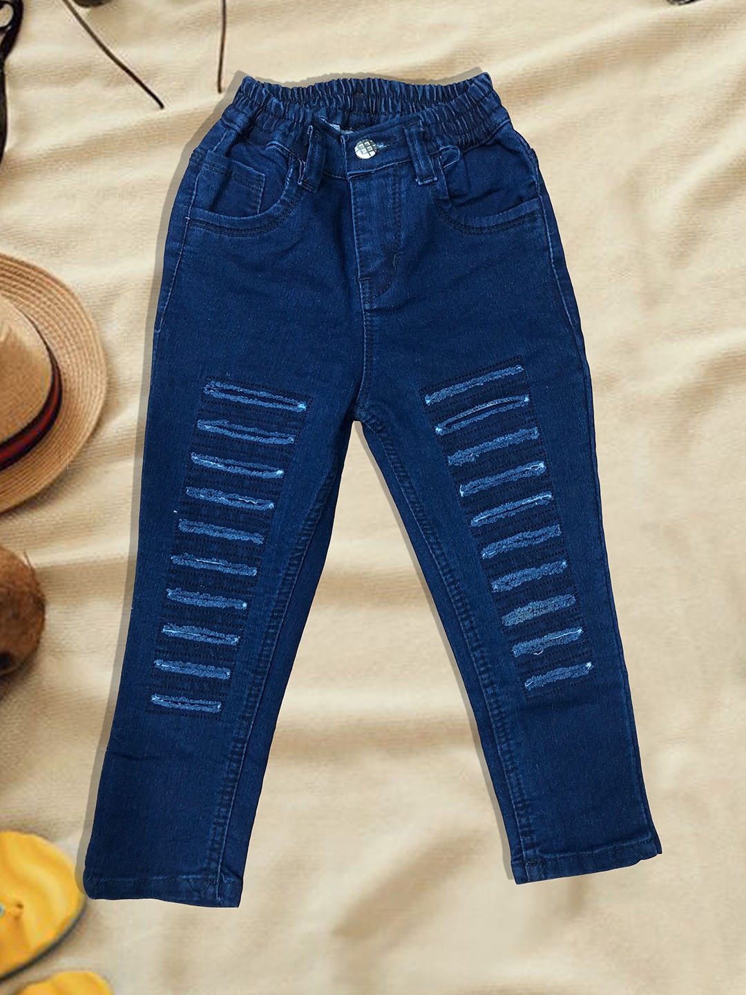 

A-Okay Boys Slim Fit High-Rise Low Distress Embroidered Cotton Jeans, Navy blue