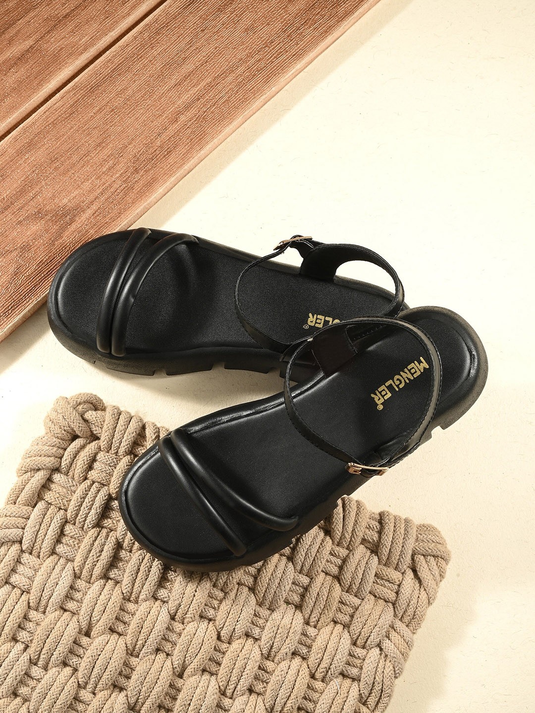 

MENGLER Open Toe Flatform Heels With Buckles, Black