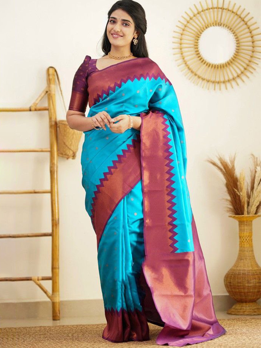 

TIEXA Polka Dot Woven Design Zari Pure Silk Banarasi Saree, Turquoise blue