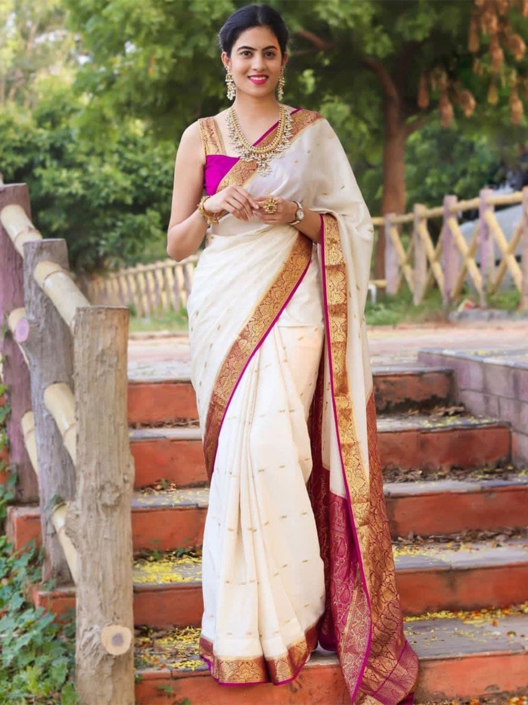 

TIEXA Ethnic Motifs Woven Design Zari Pure Silk Banarasi Saree, Off white