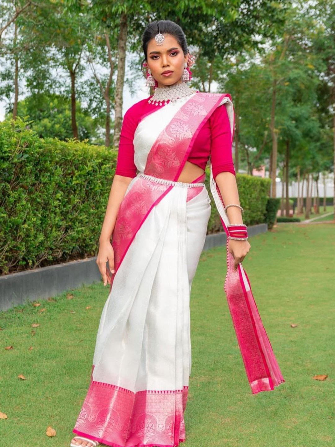 

TIEXA Woven Design Zari Pure Silk Banarasi Saree, Silver