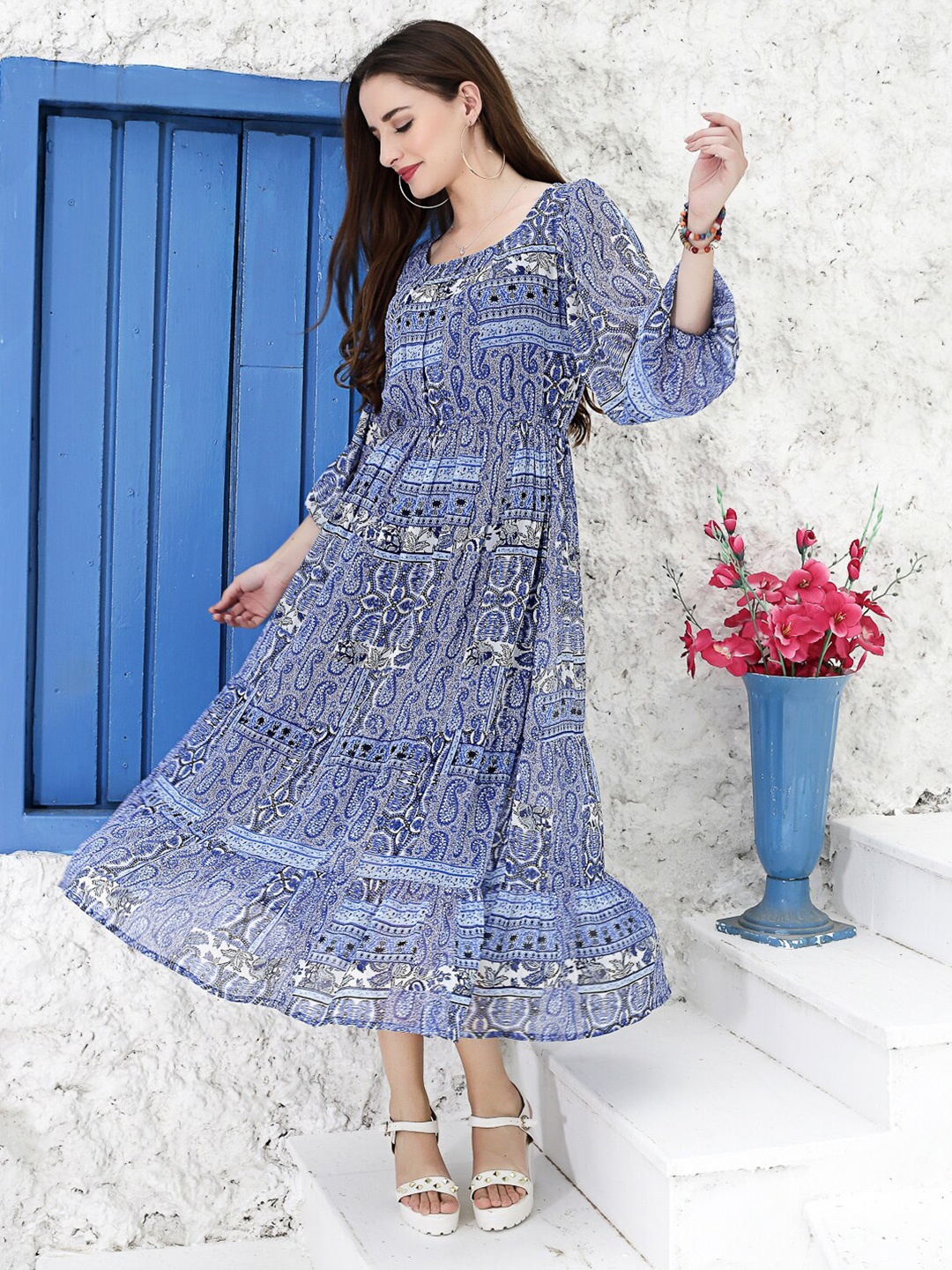 

Sera Blue Ethnic Motifs Printed Puff Sleeves Gathered Fit & Flare Midi Dress