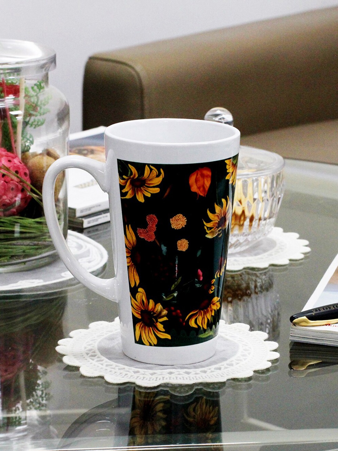 

KOLOROBIA White & Green Floral Printed Ceramic Glossy Mug 425 ml