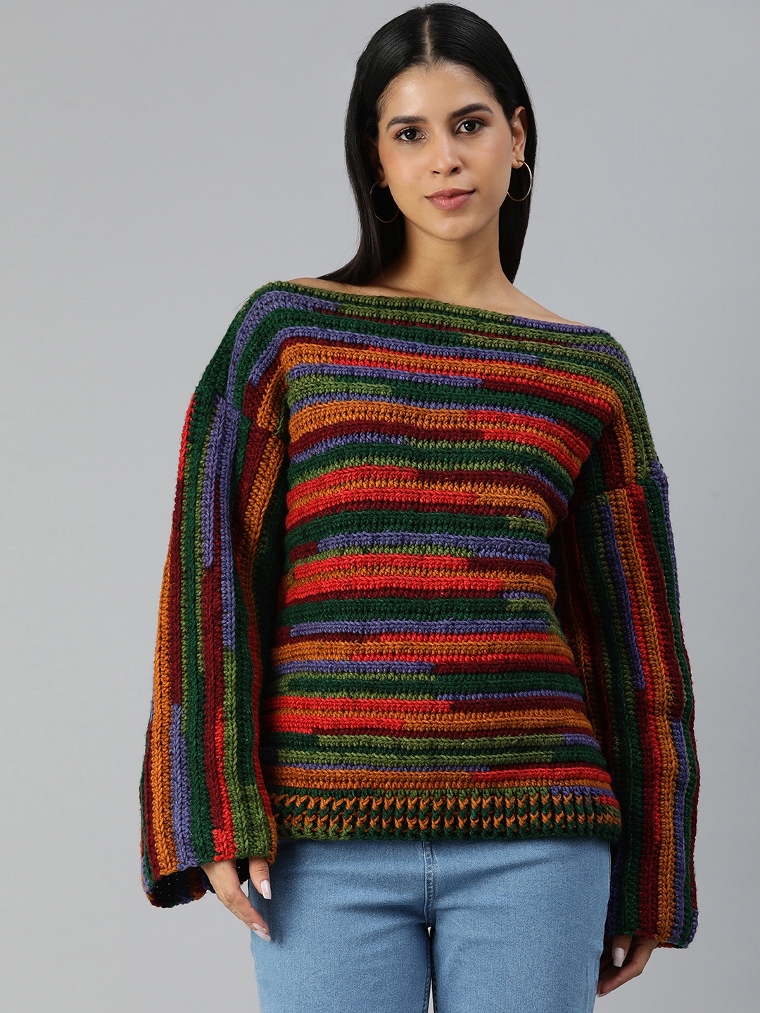 

Magic Needles Striped Boat Neck Acrylic Pullover, Multi