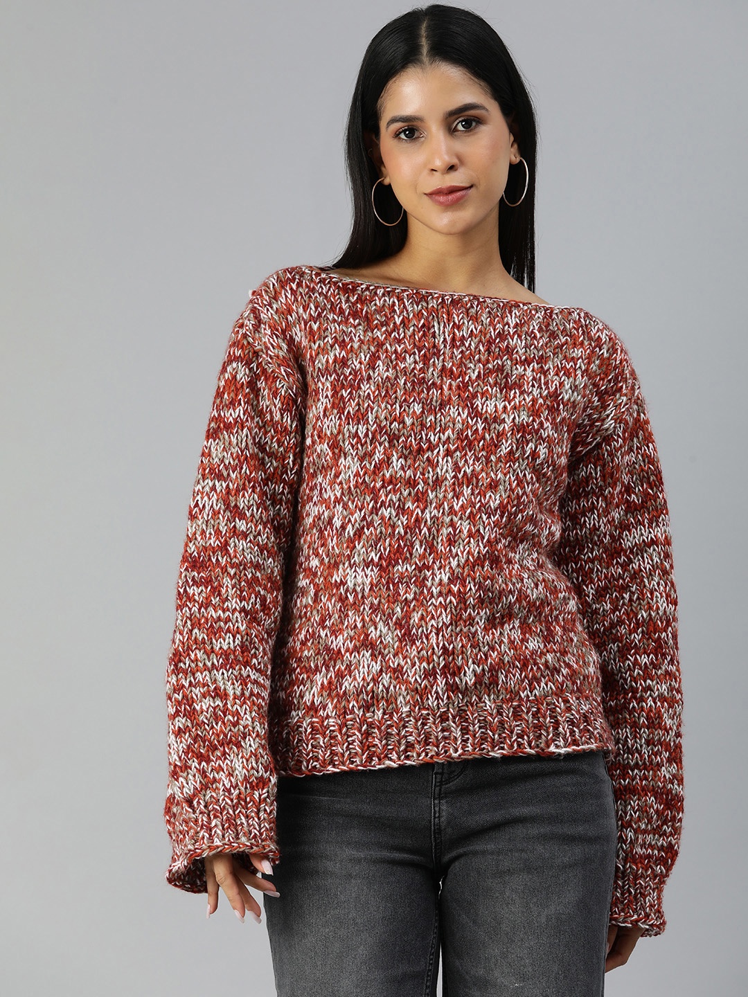 

Magic Needles Abstract Self Design Boat Neck Acrylic Pullover, Multi