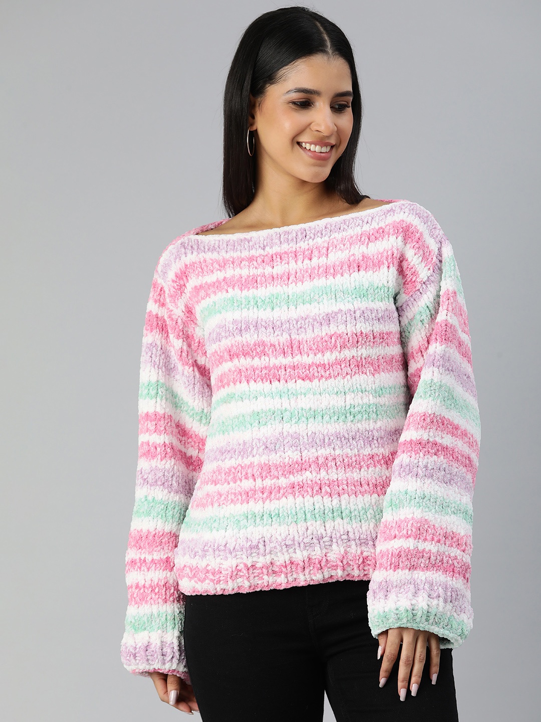 

Magic Needles Striped Boat Neck Acrylic Pullover, Multi