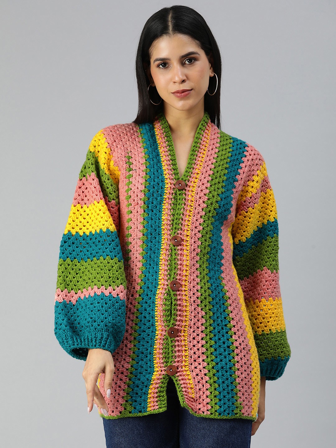 

Magic Needles Striped Longline Cardigan, Multi