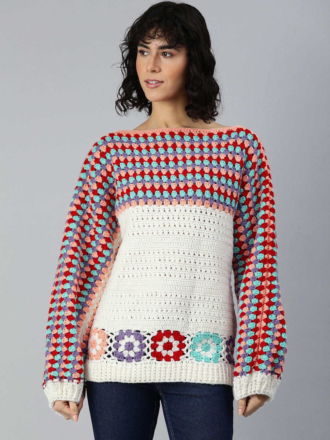 

Magic Needles Striped Boat Neck Longline Pullover, Multi