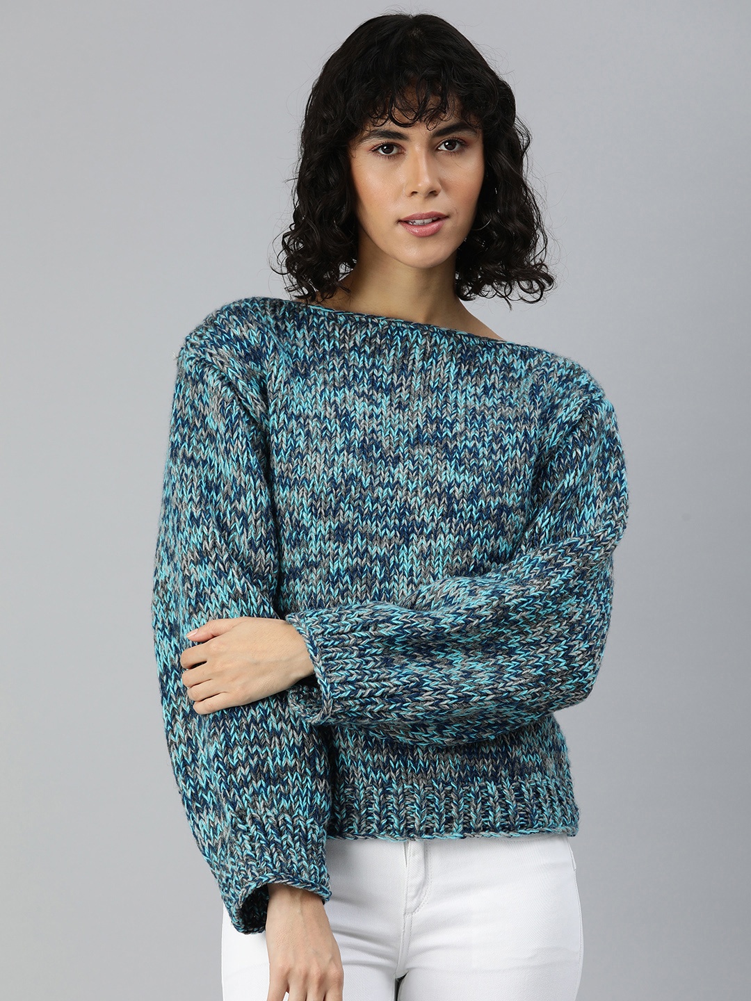 

Magic Needles Abstract Self Design Boat Neck Acrylic Pullover, Blue