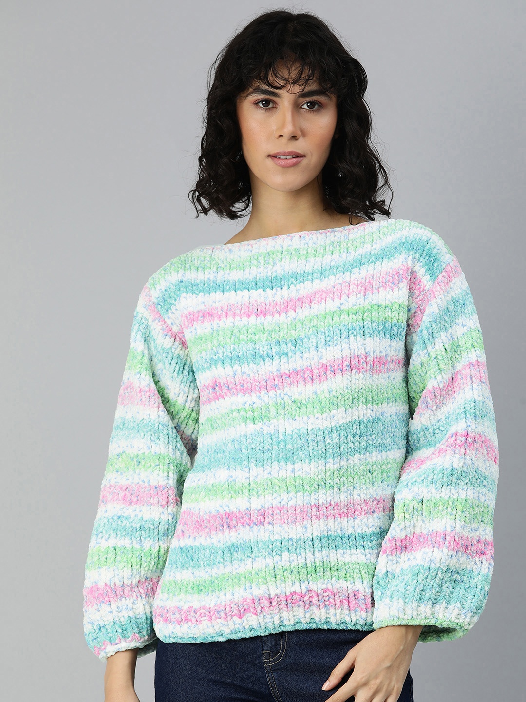 

Magic Needles Striped Boat Neck Acrylic Pullover, Multi
