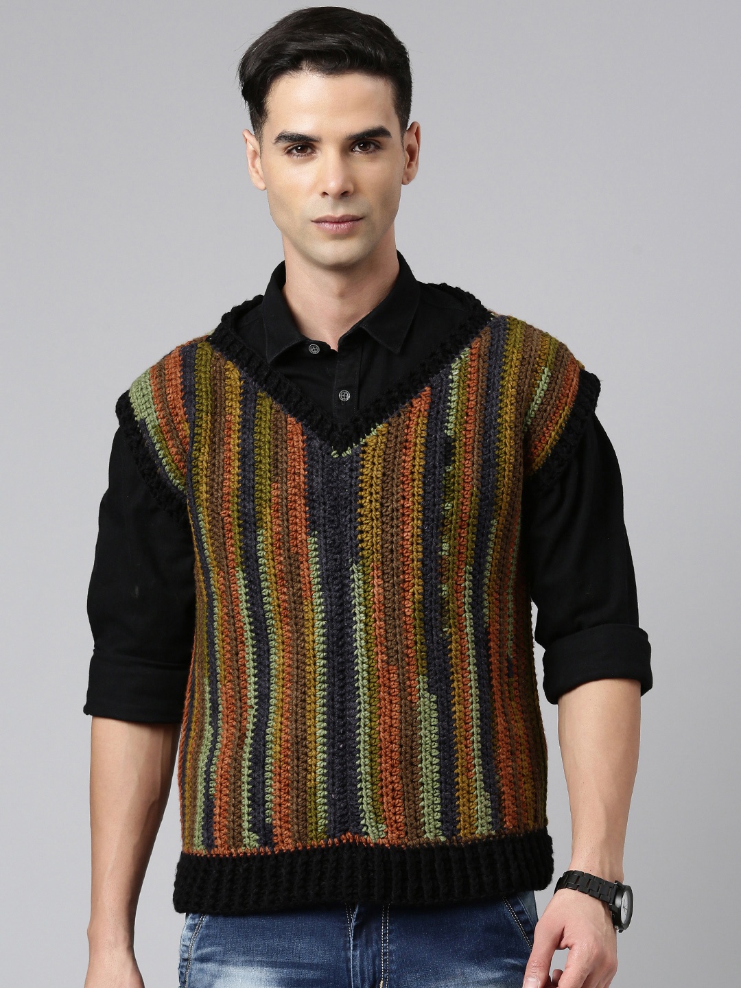 

Magic Needles Men Open Knit Acrylic Pullover, Multi
