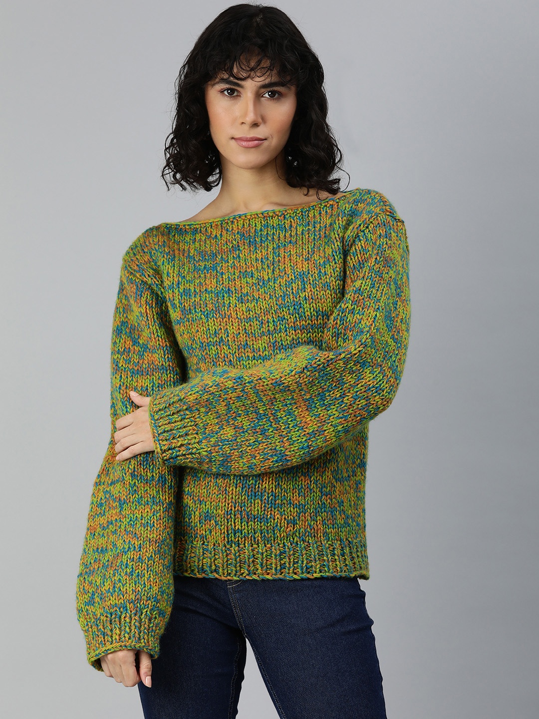 

Magic Needles Abstract Self Design Boat Neck Acrylic Pullover, Multi