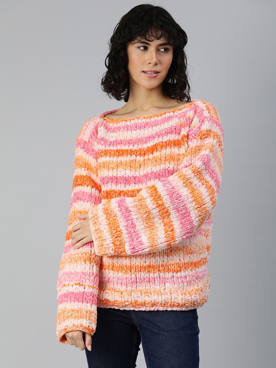 

Magic Needles Striped Boat Neck Acrylic Longline Pullover, Multi