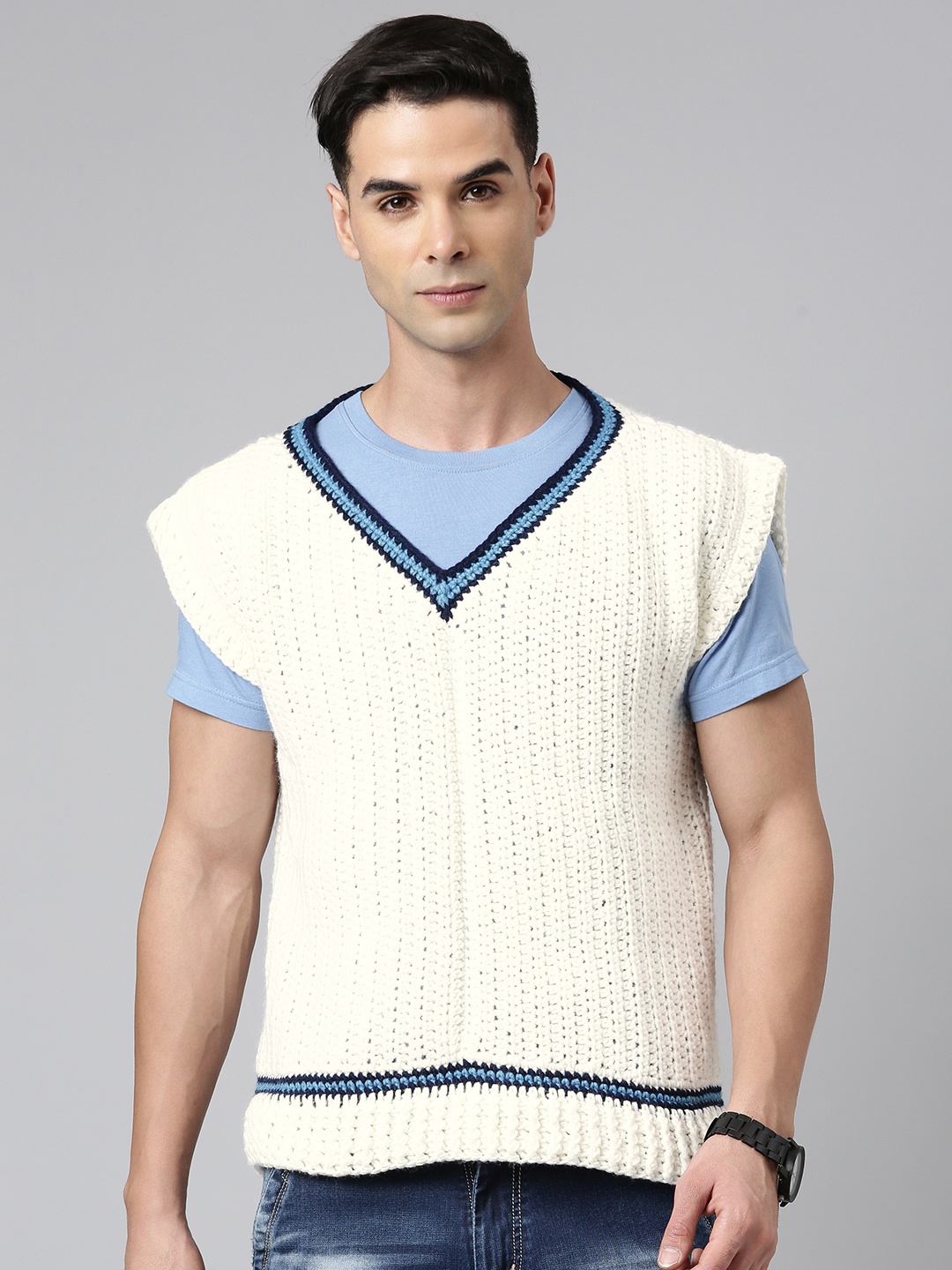 

Magic Needles Men Open Knit Acrylic Pullover, White