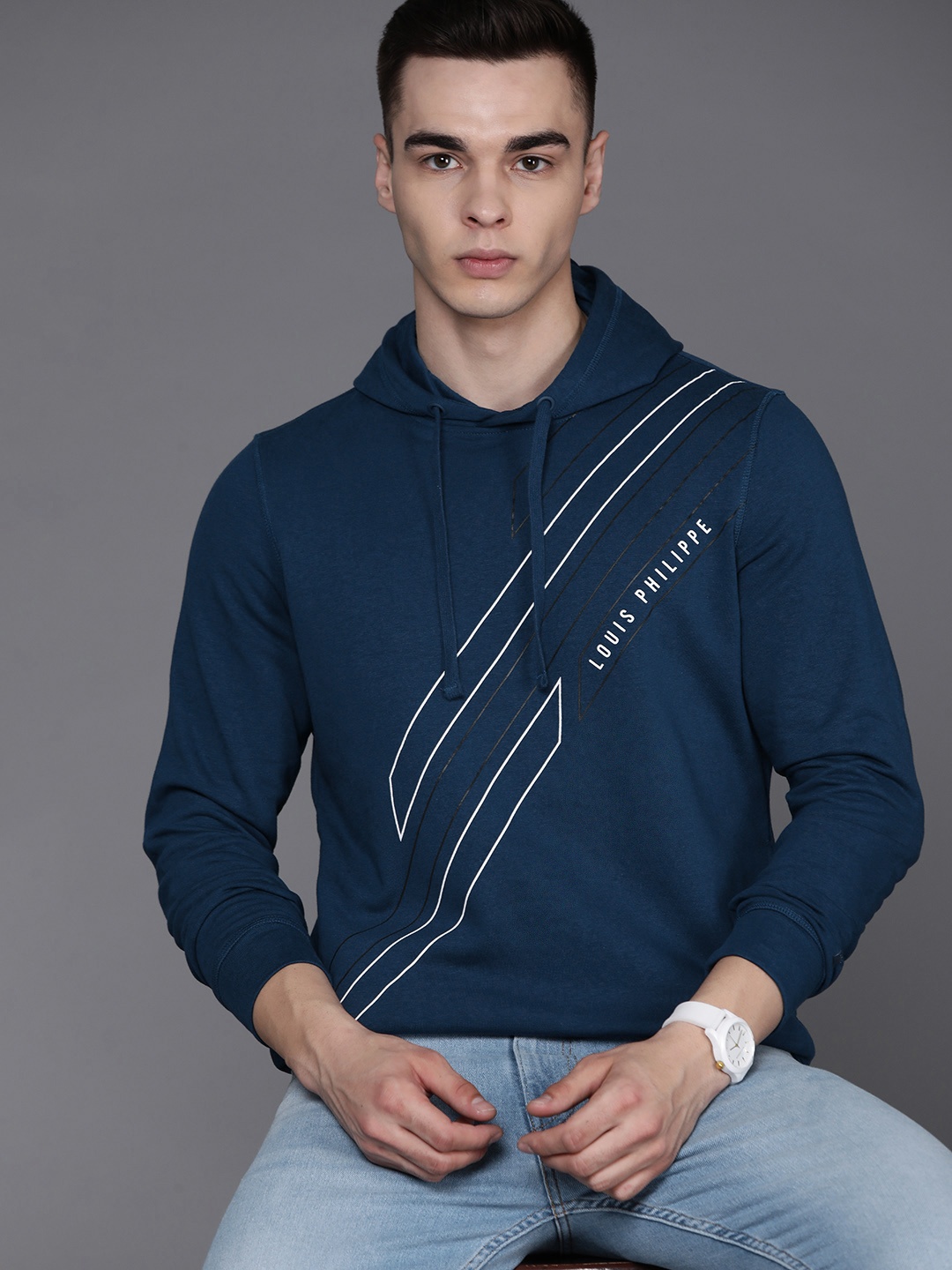

Louis Philippe Ath.Work Men Striped Hooded Sweatshirt, Teal