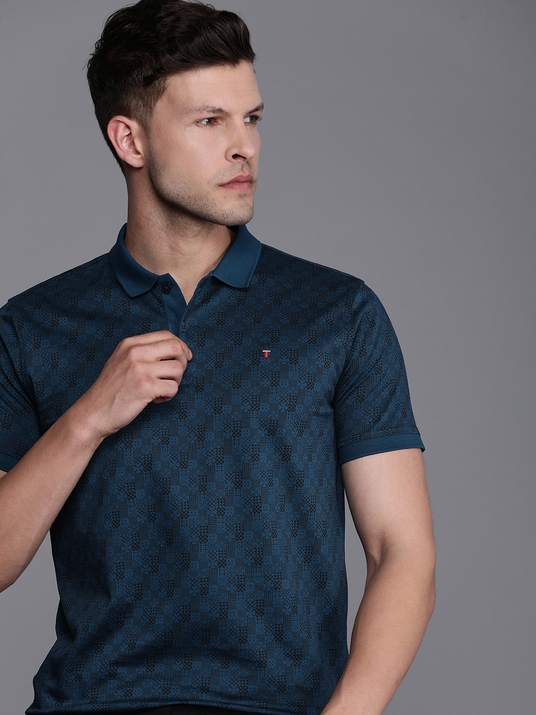 

Louis Philippe Ath.Work Printed Polo Collar Pure Cotton Slim Fit T-shirt, Teal