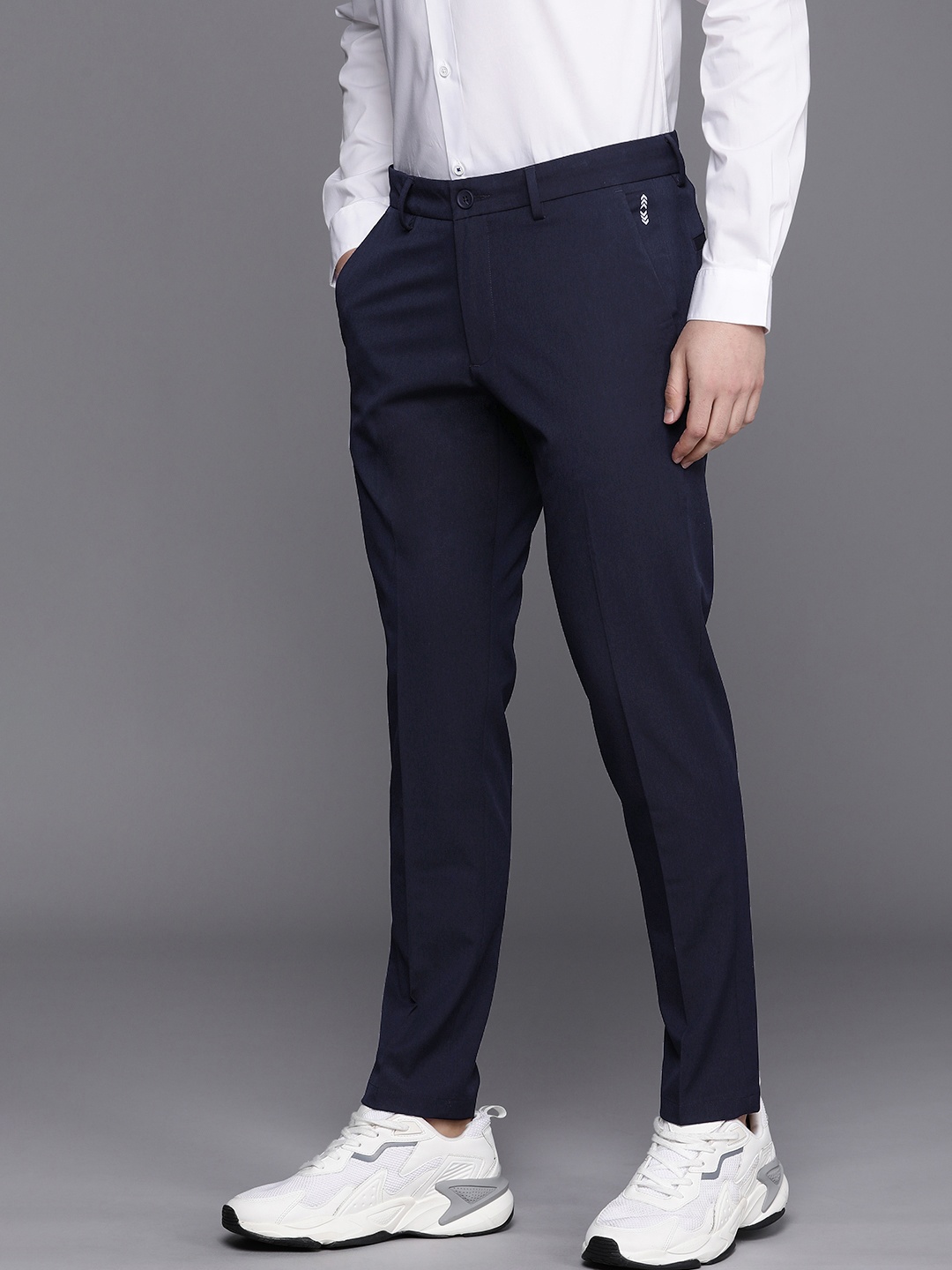 

Louis Philippe Ath.Work Men Mid Rise Comfort Tapered Fit Semi Formal Trousers, Navy blue