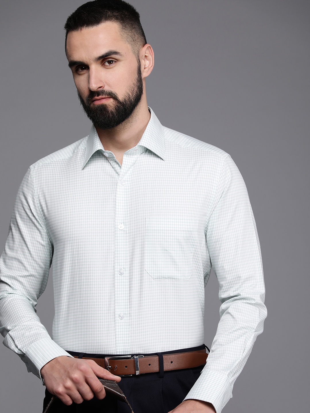 

Louis Philippe Pure Cotton Classic Fit Checked Formal Shirt, Green
