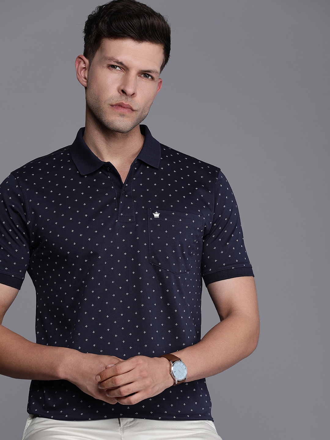 

Louis Philippe Pure Cotton Geometric Printed Polo Collar Pocket T-shirt, Navy blue