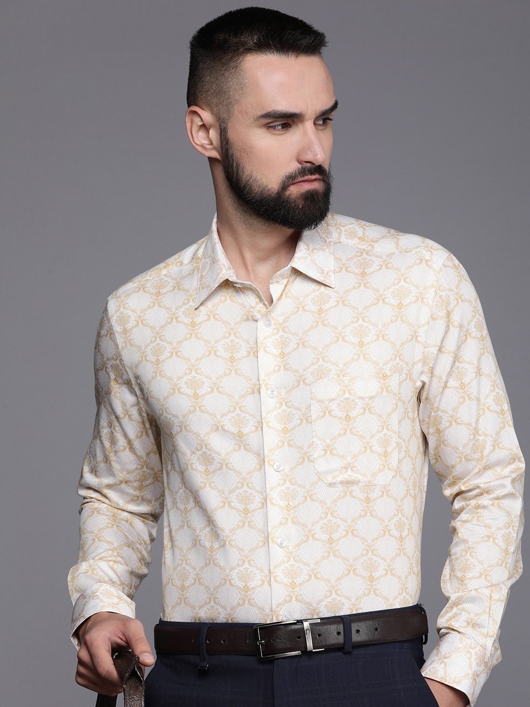 

Louis Philippe Pure Cotton Classic Fit Ethnic Motifs Printed Formal Shirt, Yellow