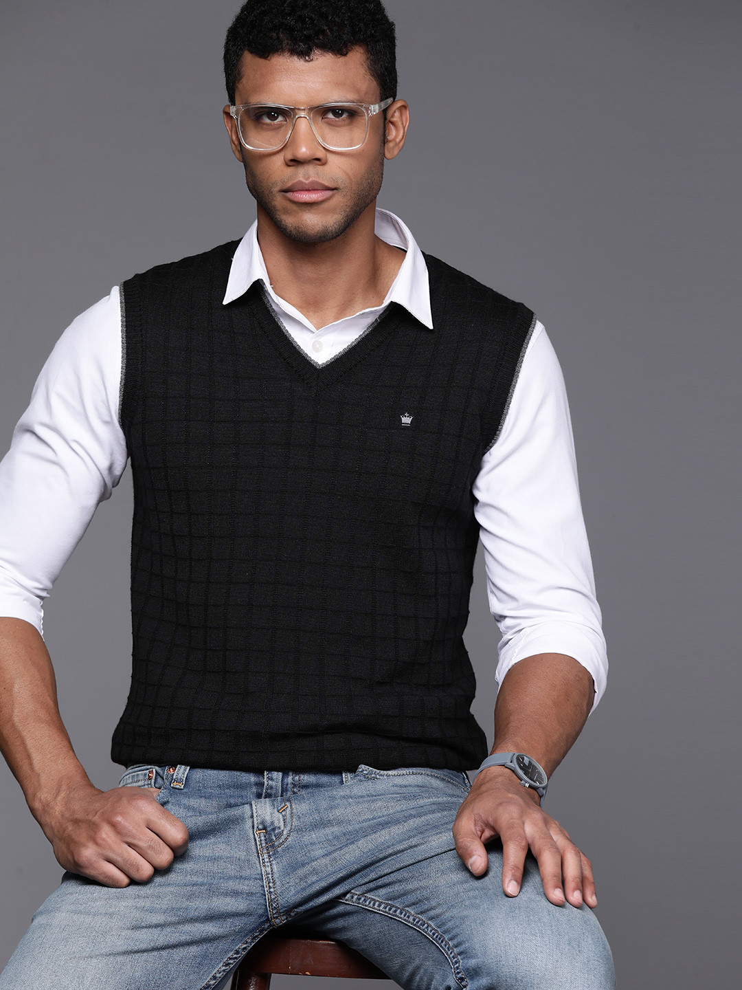 

Louis Philippe Self-Checked Smart Casual Sweater Vest, Black