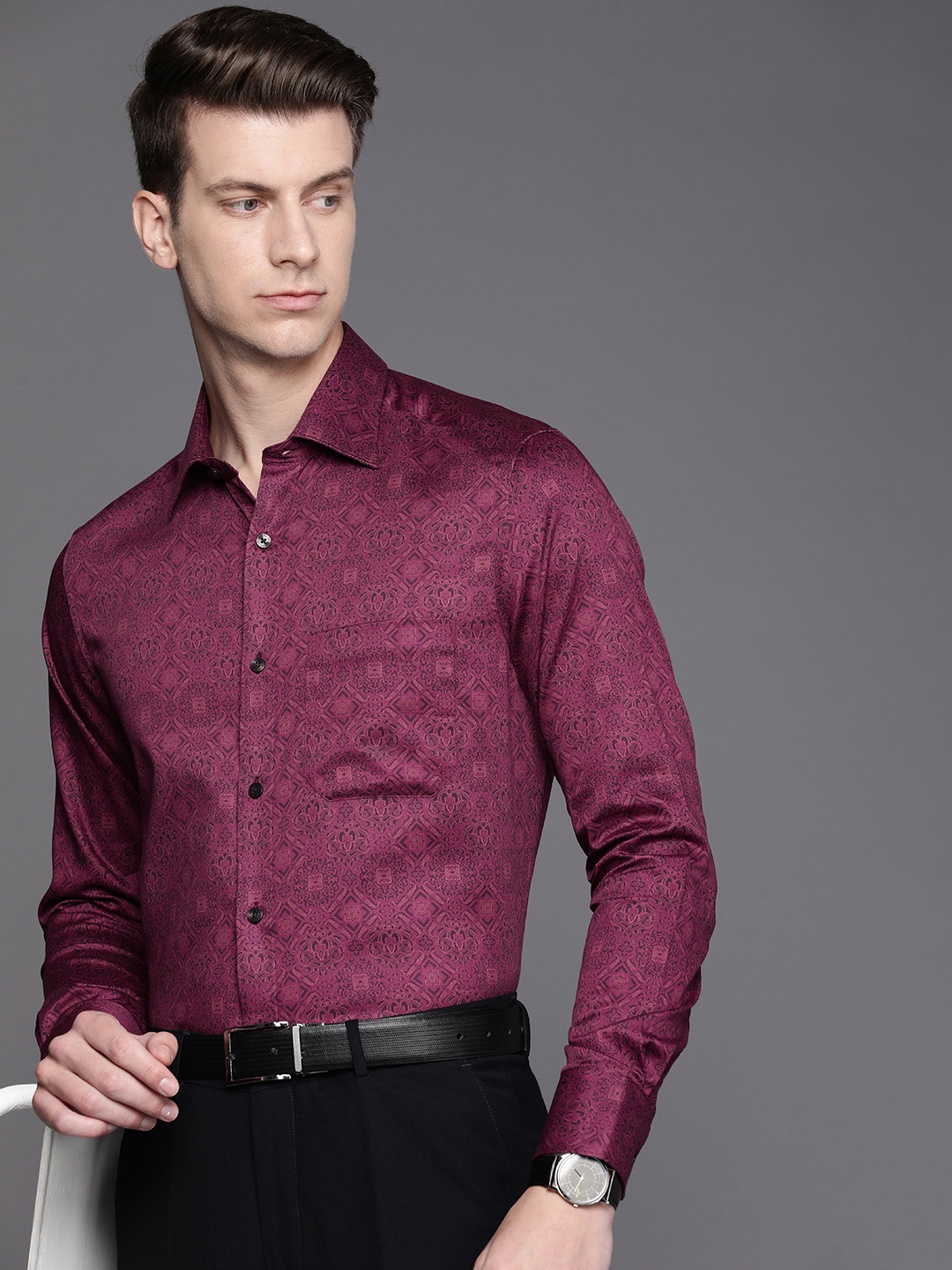 

Louis Philippe Ethnic Motifs Printed Classic Fit Pure Cotton Formal Shirt, Purple