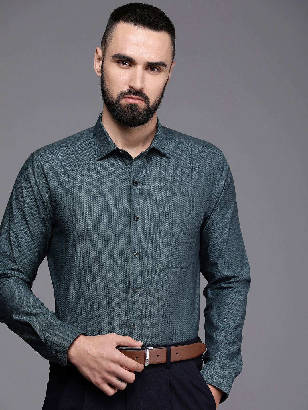 

Louis Philippe Self Design Textured Slim Fit Opaque Formal Shirt, Grey