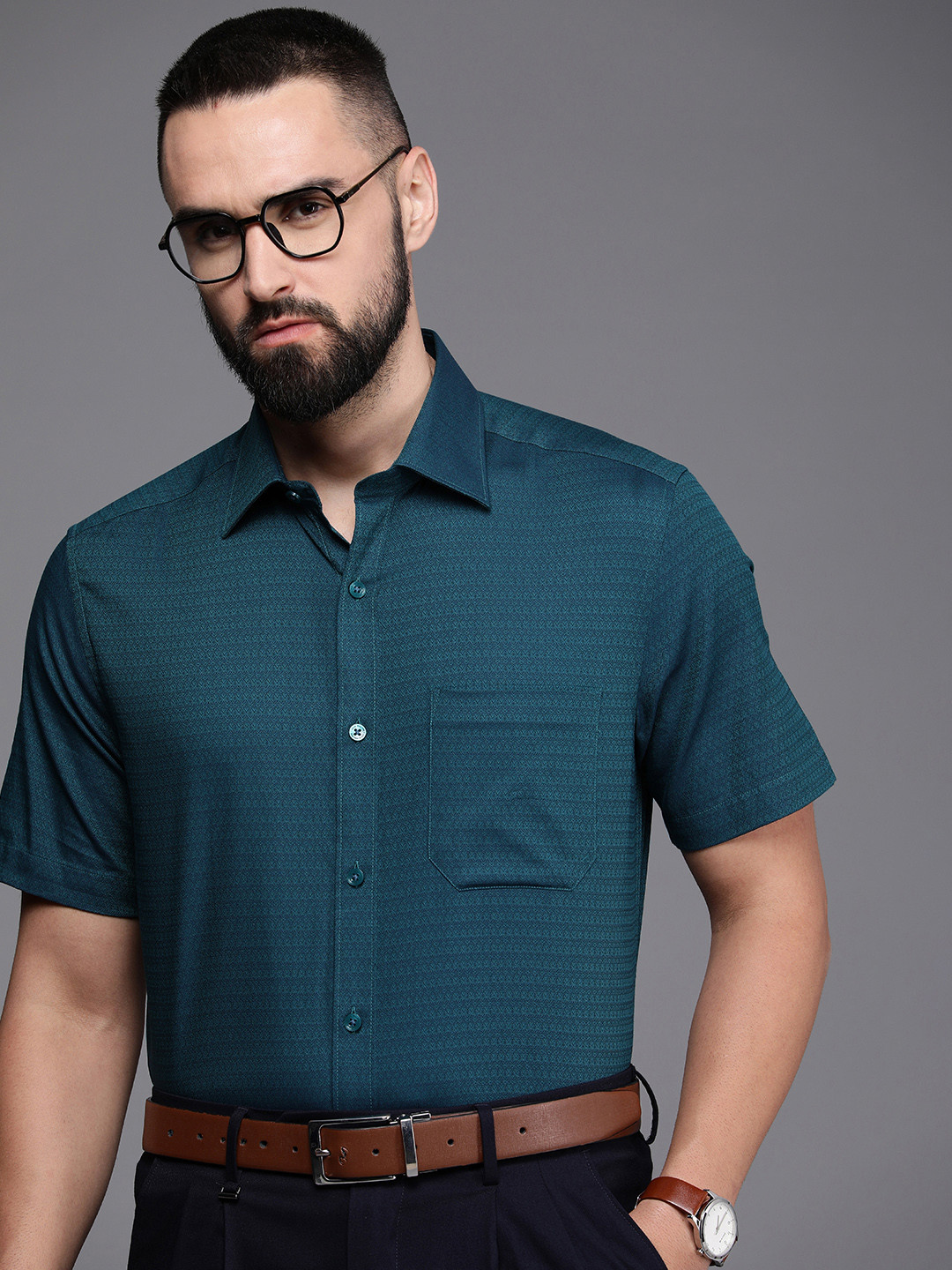 

Louis Philippe Pure Cotton Self Design Textured Classic Formal Shirt, Teal