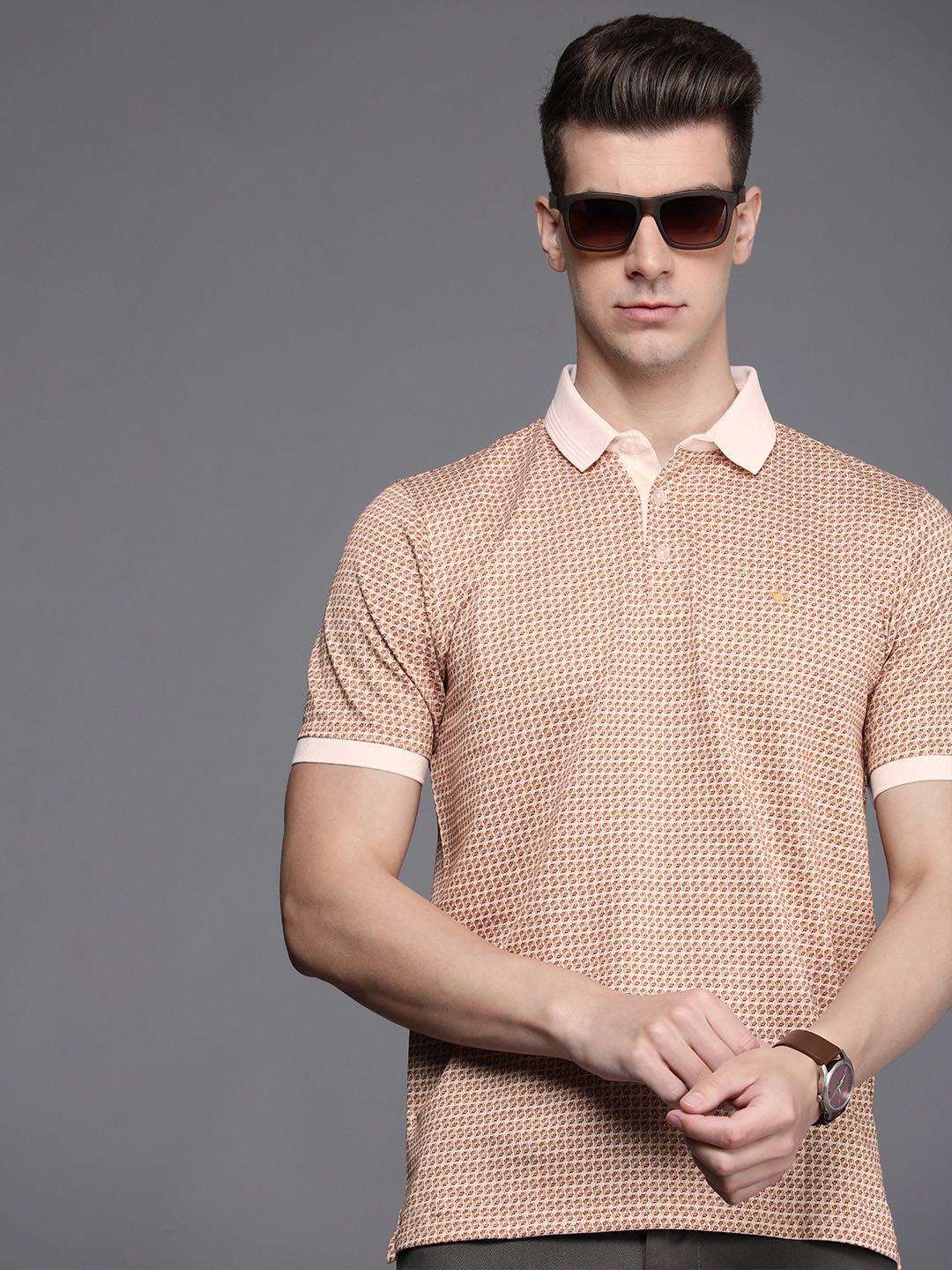 

Louis Philippe Self Design Polo Collar Pure Cotton T-shirt, Beige
