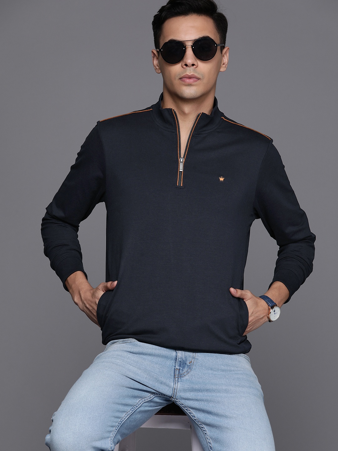 

Louis Philippe Mock Collar Half-Zipper Sweatshirt, Navy blue