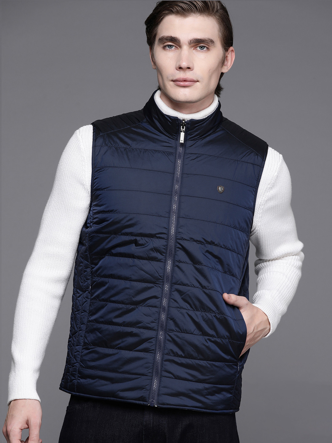 

Louis Philippe Mock Collar Reversible Gilet Padded Jacket, Navy blue