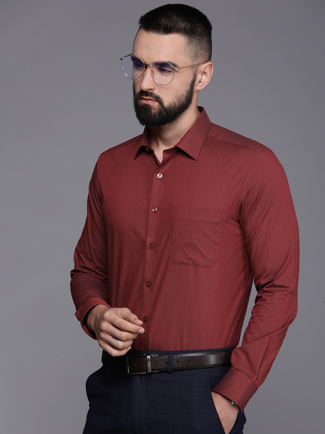 

Louis Philippe Pure Cotton Slim Fit Opaque Self Design Formal Shirt, Maroon