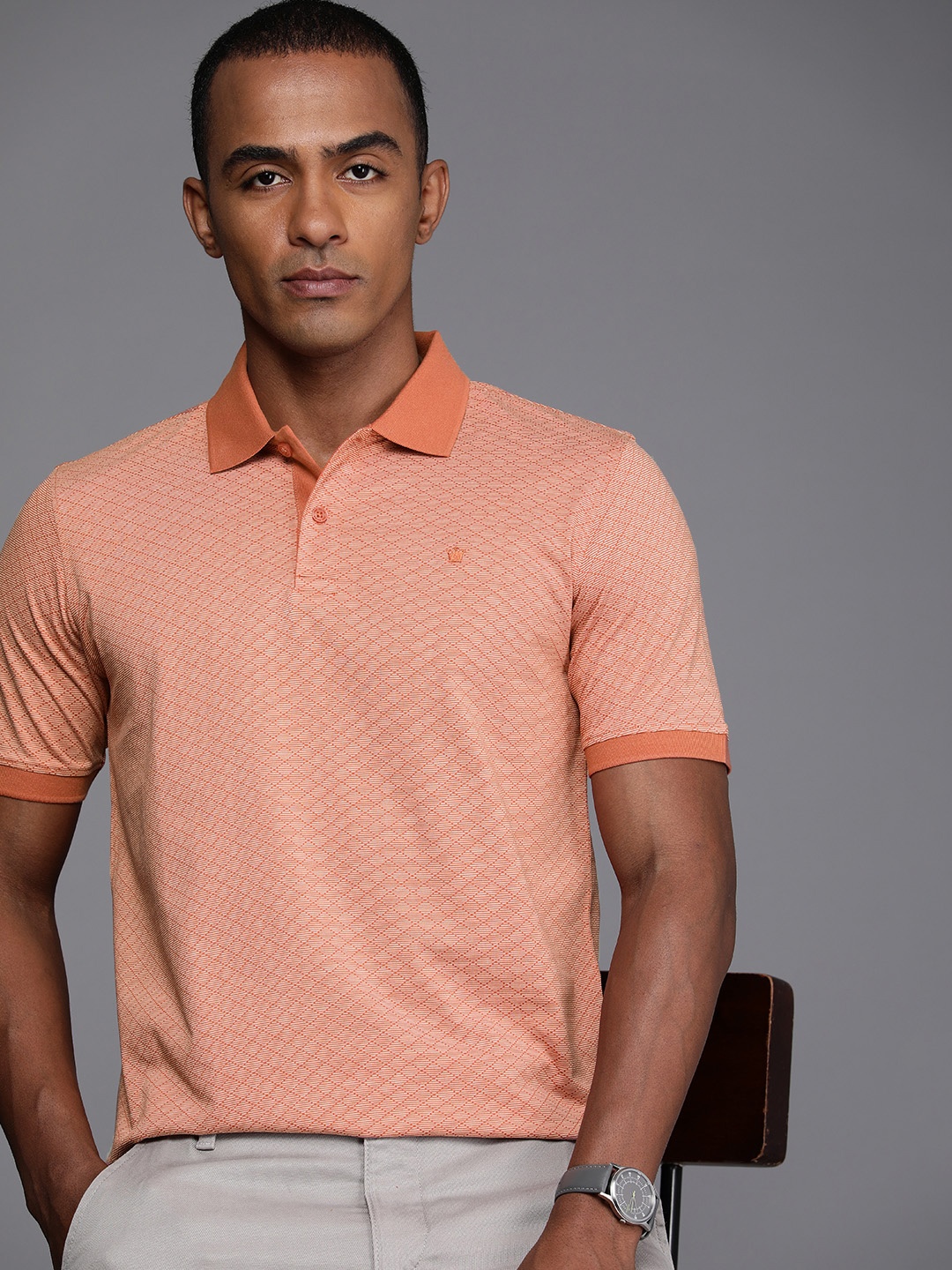 

Louis Philippe Geometric Printed Polo Collar Pure Cotton T-shirt, Orange