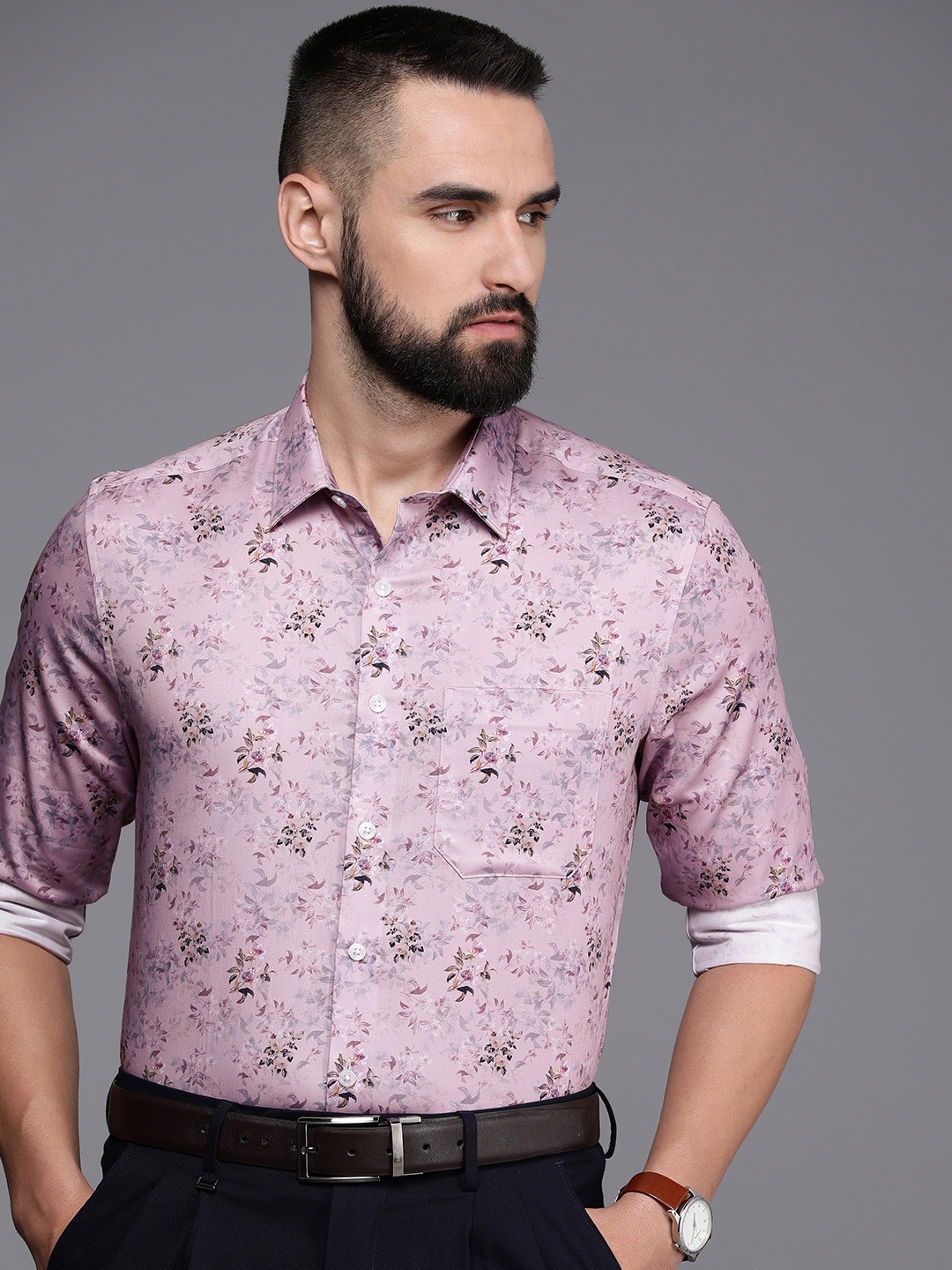 

Louis Philippe Pure Cotton Slim Fit Floral Opaque Printed Formal Shirt, Mauve